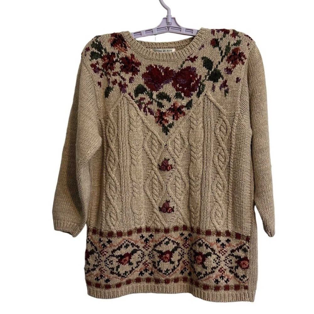 VNTG 80's Chrysantheme Cottagecore Cozy Beige Floral Padded Shoulder Sweater Med